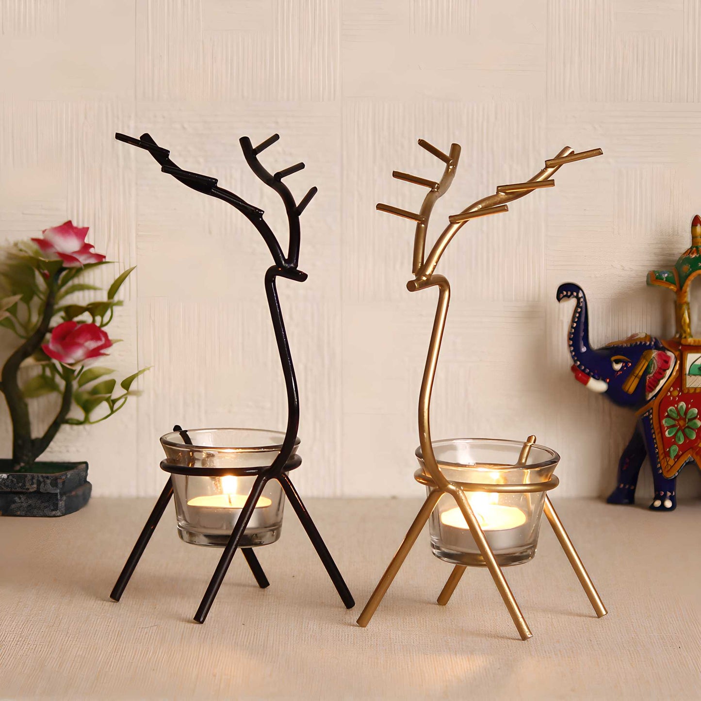 Set of 2 Deer Shape Decorative Handcrafted Metal Tea Light Holder